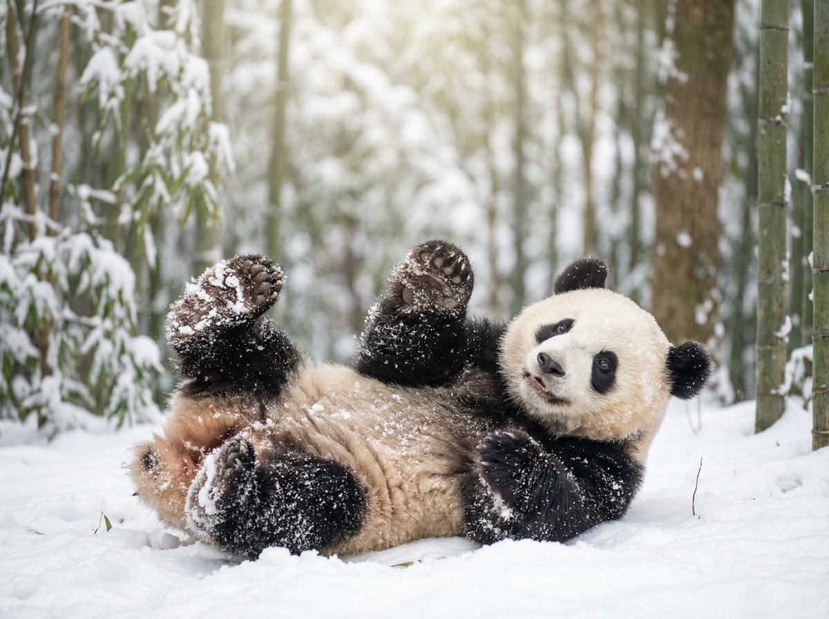 情侣自拍熊猫宝宝雪地嬉戏视频